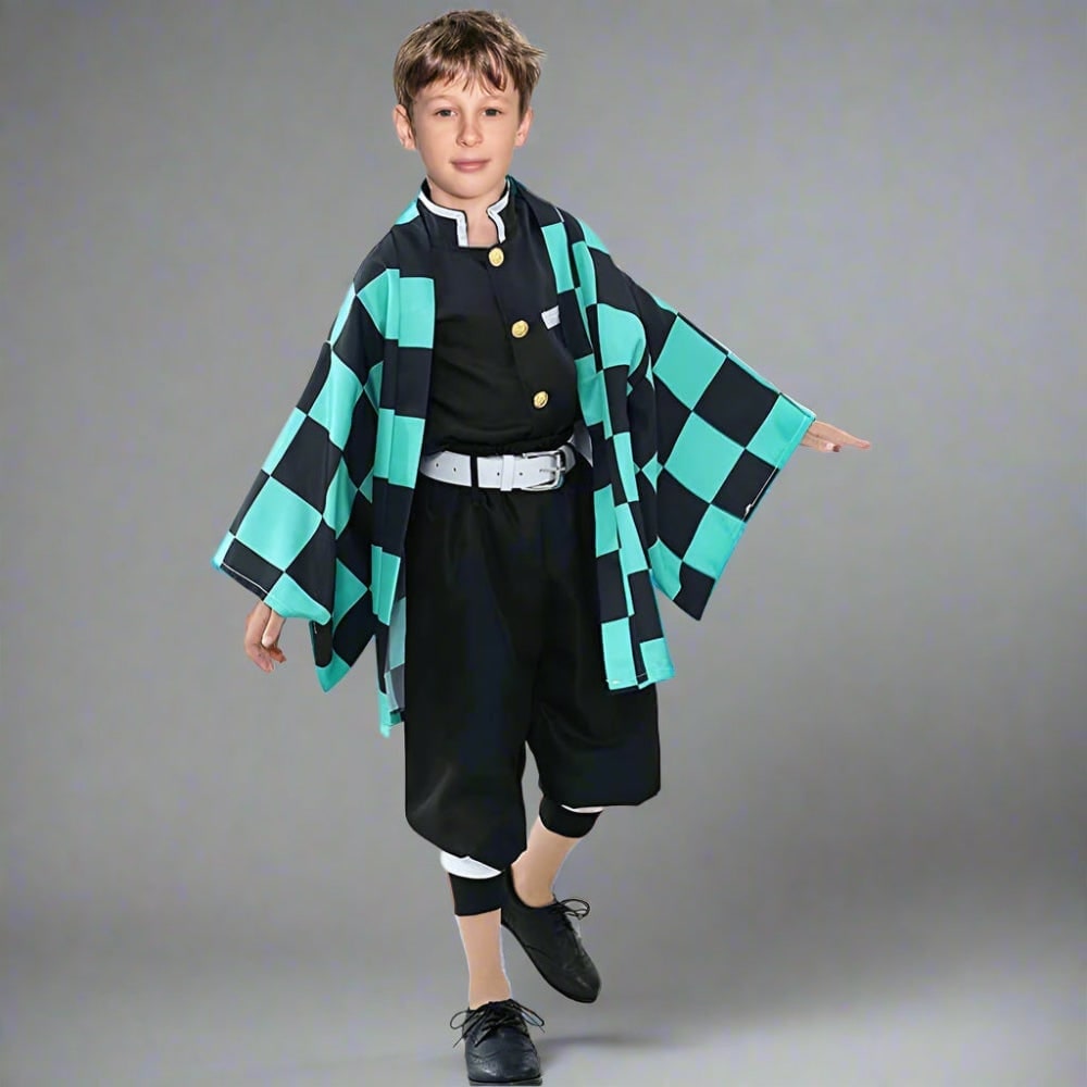 Kids' Anime Cosplay Costume with Kimono Haori Jacket Checkered Pattern and Leg Wraps - Image 5