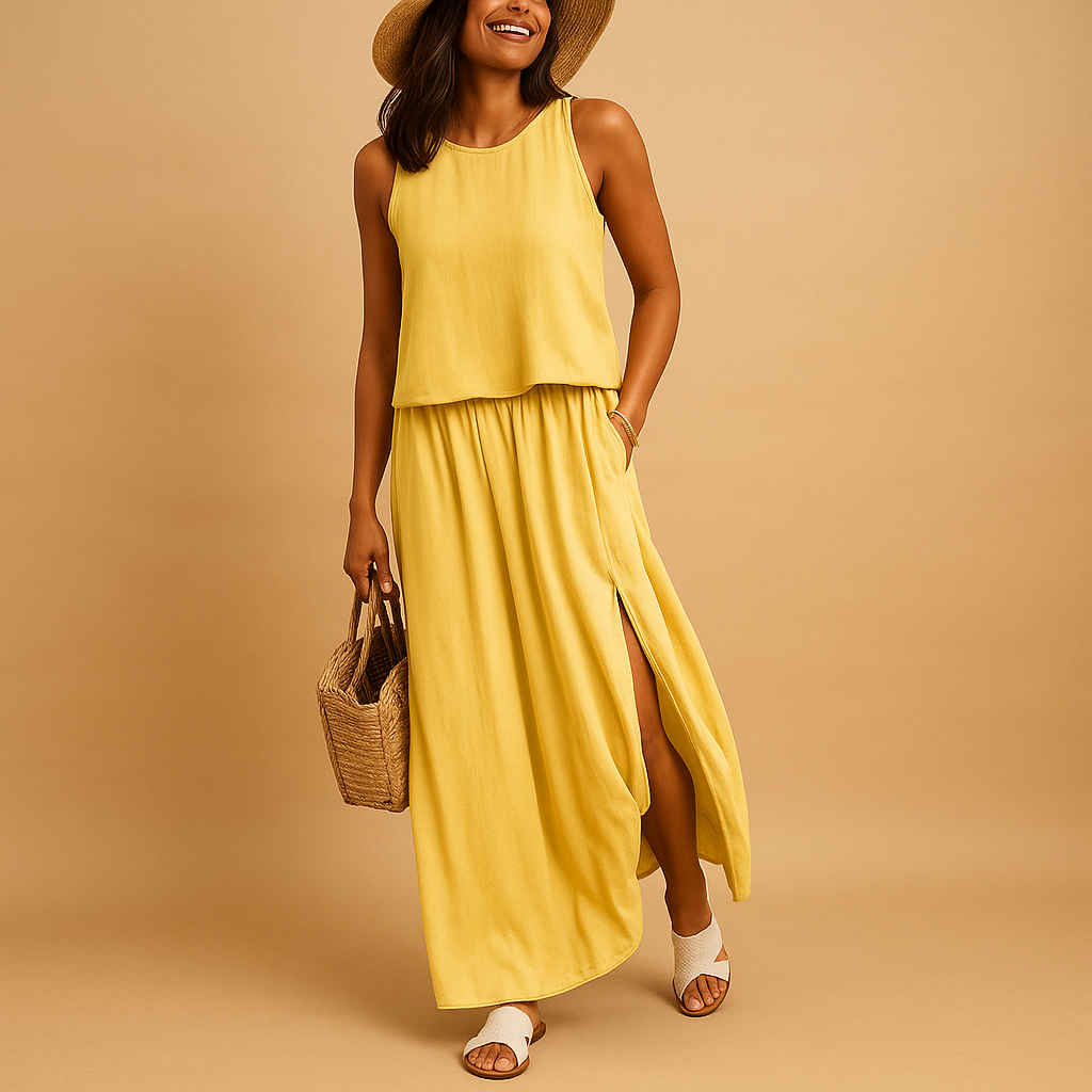 Knee-length summer dress for women with loose airy fit and short sleeves, perfect for casual summer days, vacations, and chic evening occasions.