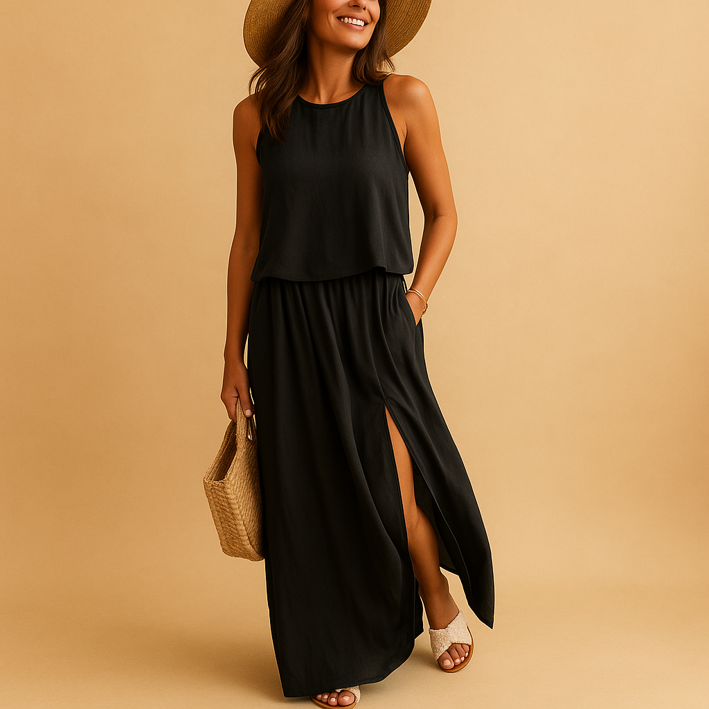 Knee-length summer dress for women with loose airy fit and short sleeves, perfect for casual summer days, vacations, and chic evening occasions.