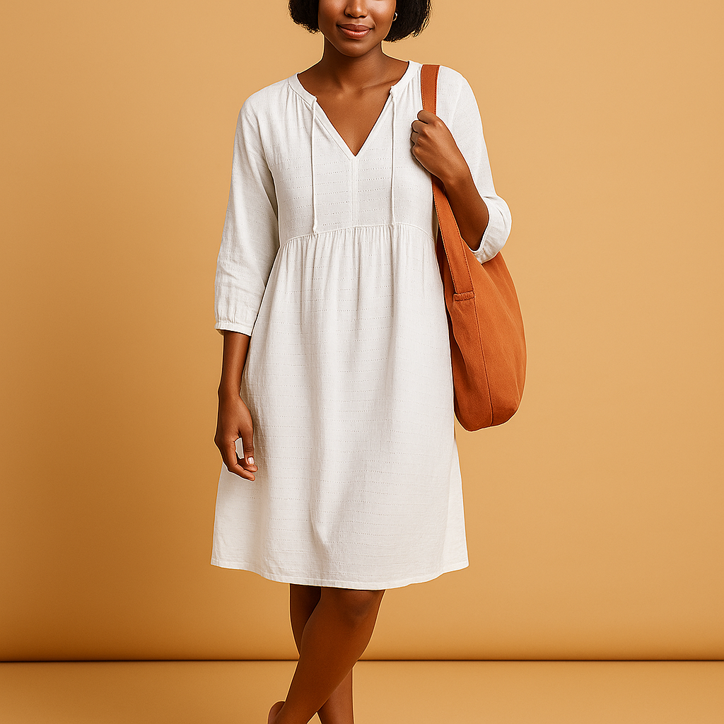 Knee length summer midi dress for women with short sleeves and soft cotton blend fabric, ideal for casual outings and formal occasions.