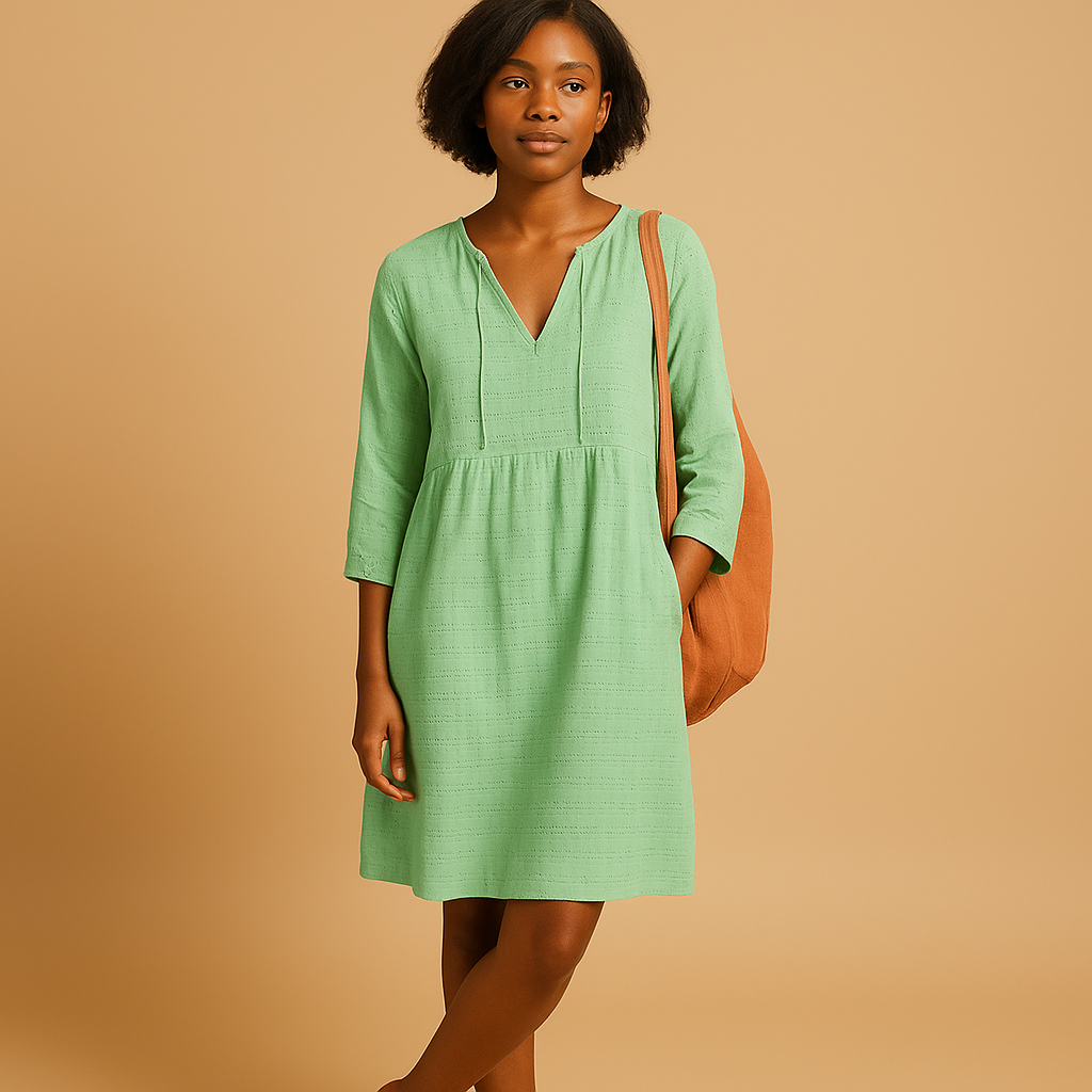 Knee length summer midi dress for women with short sleeves and soft cotton blend fabric, ideal for casual outings and formal occasions.