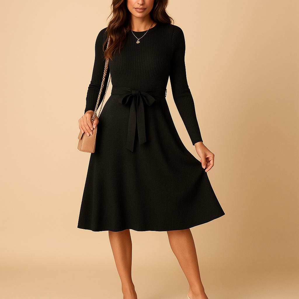 Women’s knitted autumn midi dress with long sleeves and belt in beige, black, grey, red or green, ideal for office and casual fall outfits.