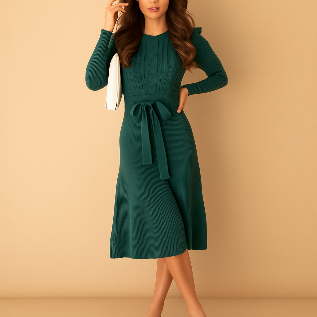 Women’s knitted autumn midi dress with long sleeves and belt in beige, black, grey, red or green, ideal for office and casual fall outfits.