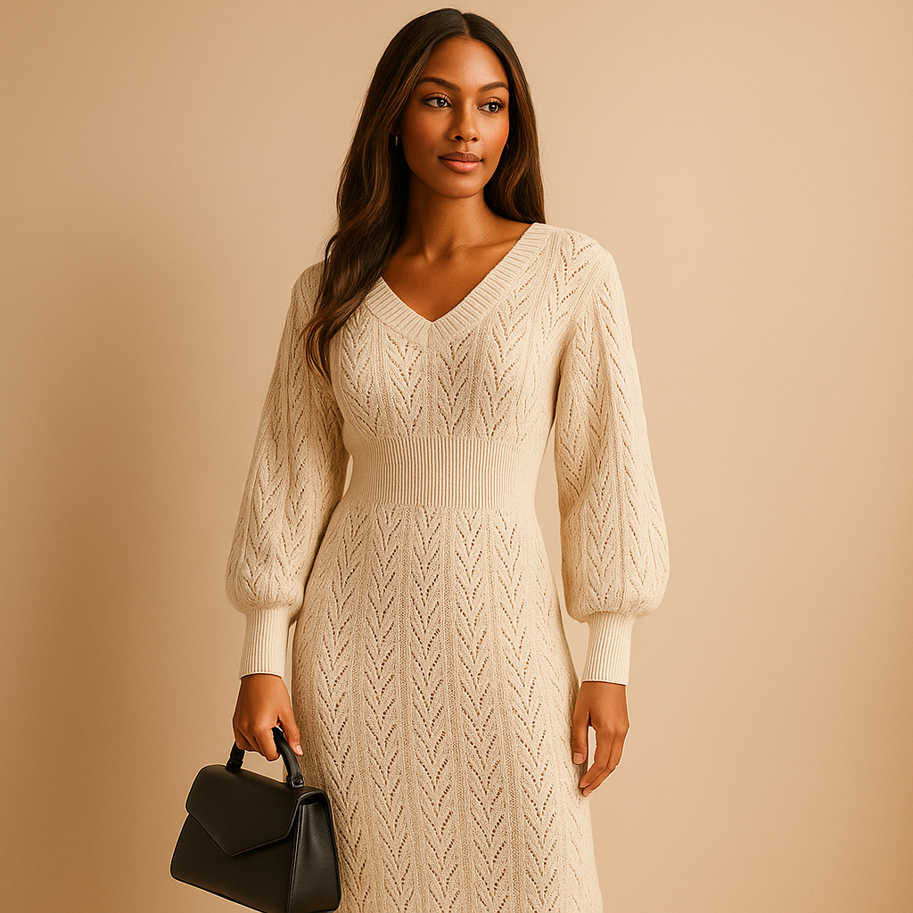 Women’s knitted V-neck dress with long sleeves and flattering fit, perfect for spring outfits, work days, casual wear, and evening occasions.