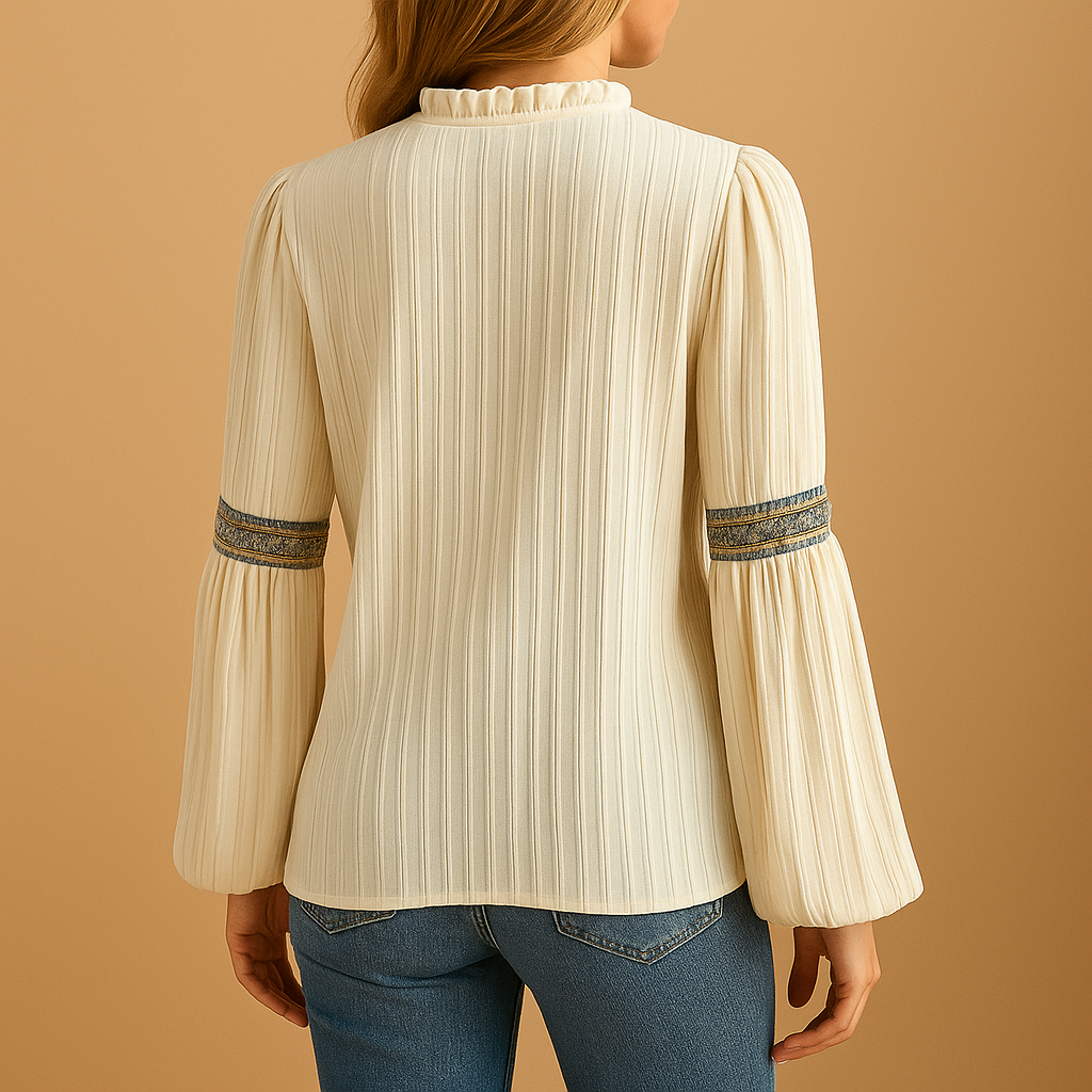 Women’s lace patchwork blouse with lantern sleeves and a relaxed fit, perfect for work, evenings out, or casual outfits.