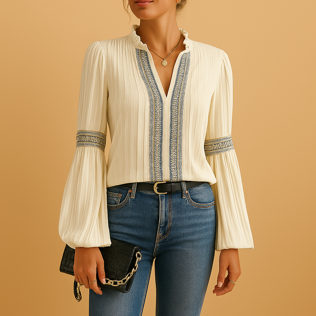 Women’s lace patchwork blouse with lantern sleeves and a relaxed fit, perfect for work, evenings out, or casual outfits.