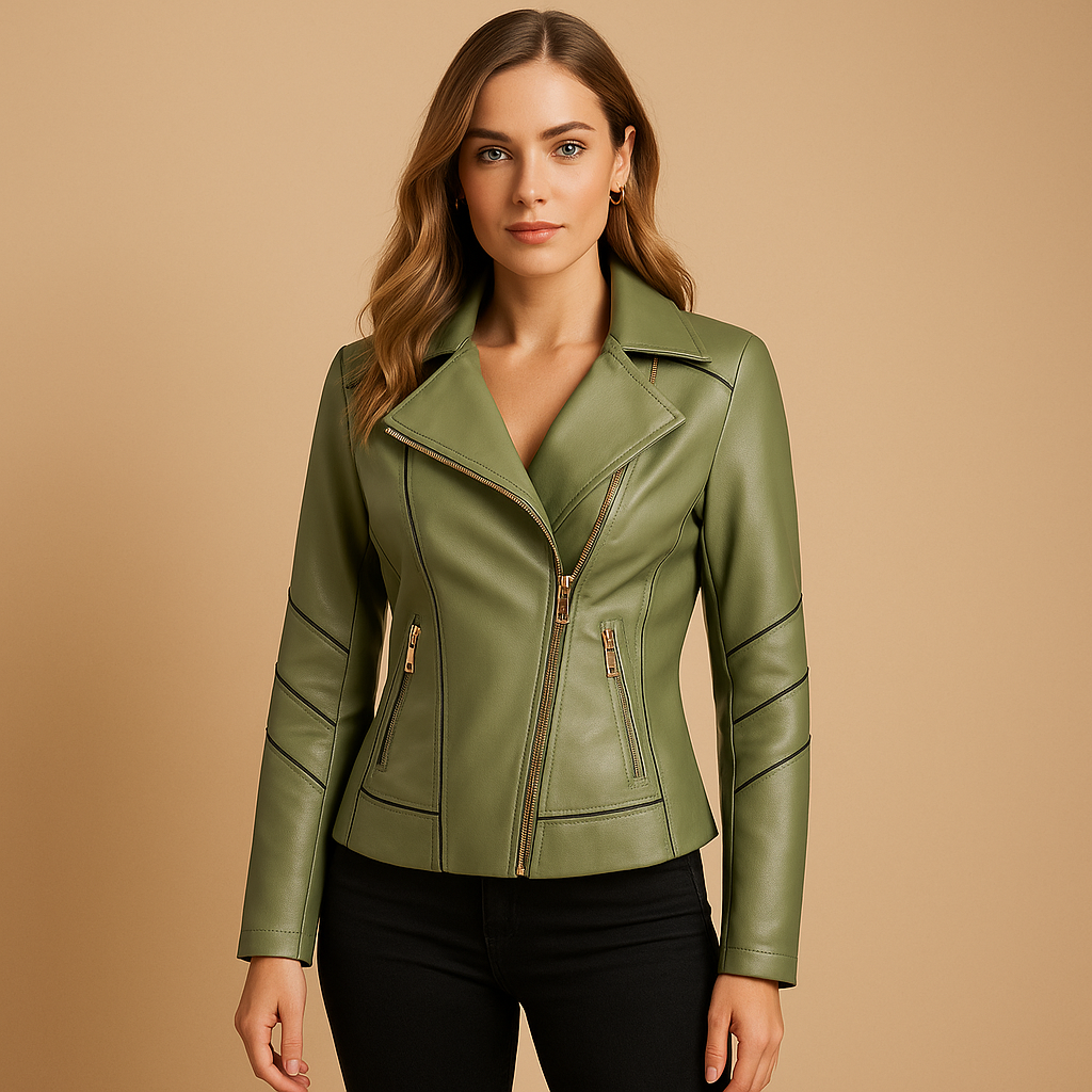Women’s leather jacket with asymmetrical zipper, lapel collar and metal accents, ideal for stylish everyday outfits in autumn and spring.