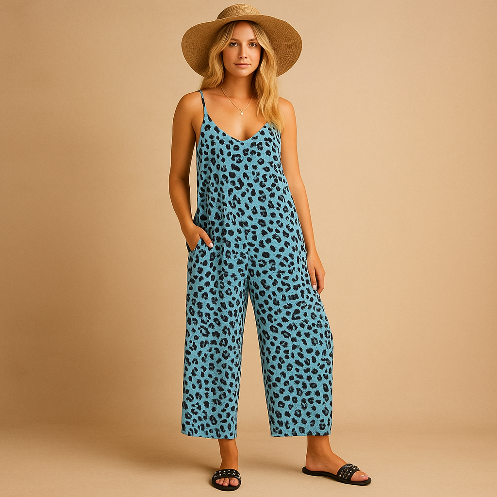 Woman wearing a leopard print halter jumpsuit with an airy comfortable fit, perfect for summer days and vacations.