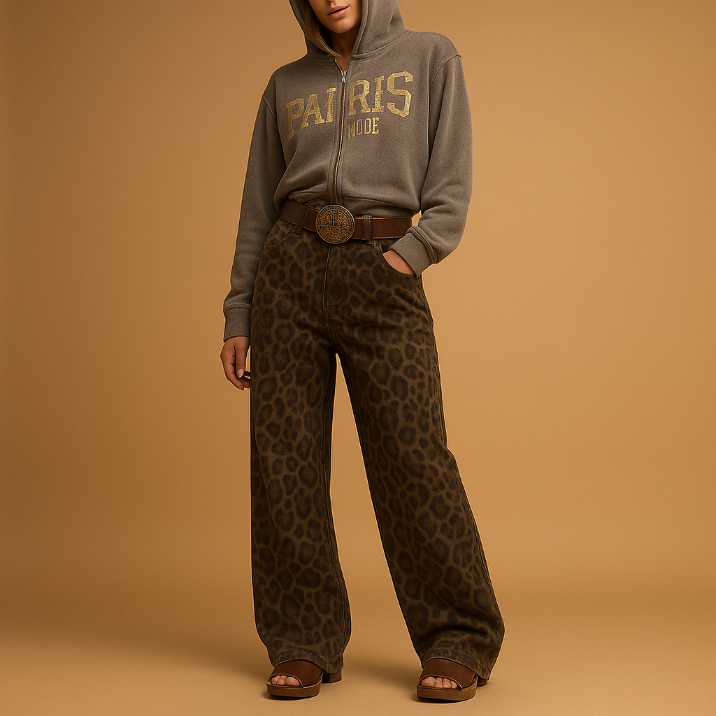 Women’s leopard print slim fit jeans with a flattering silhouette and bold animal print design, perfect for casual outfits or stylish evening looks.