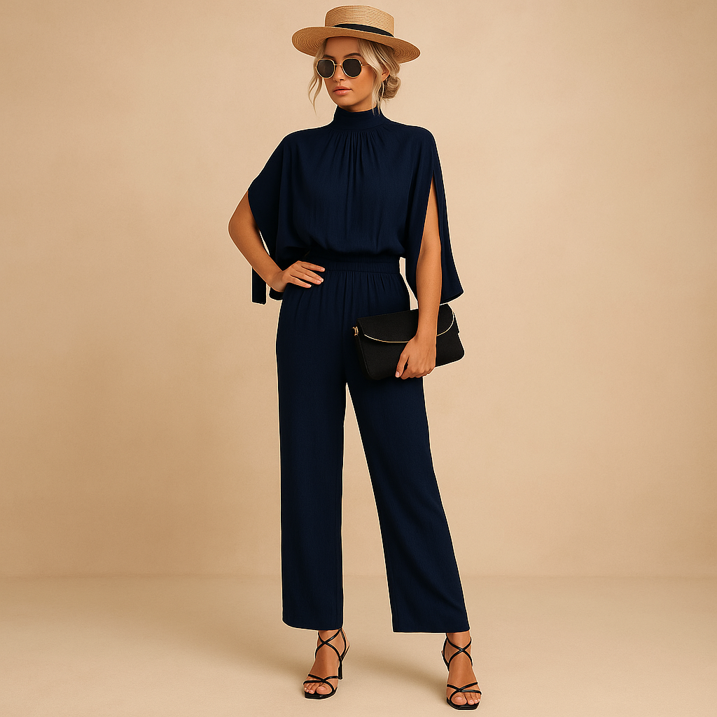 Woman wearing a light summer jumpsuit with adjustable straps, an airy fit, and pockets, perfect for beach days, casual outings, and warm evenings.