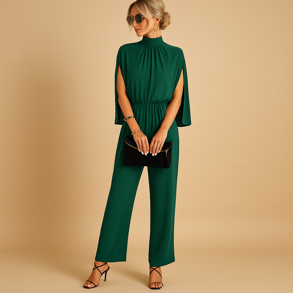 Woman wearing a light summer jumpsuit with adjustable straps, an airy fit, and pockets, perfect for beach days, casual outings, and warm evenings.
