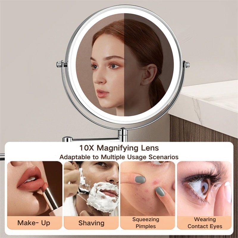 Lighted Makeup Mirror with LED Lights 10x Magnification and Wall-Mounted Swing Arm - Image 2