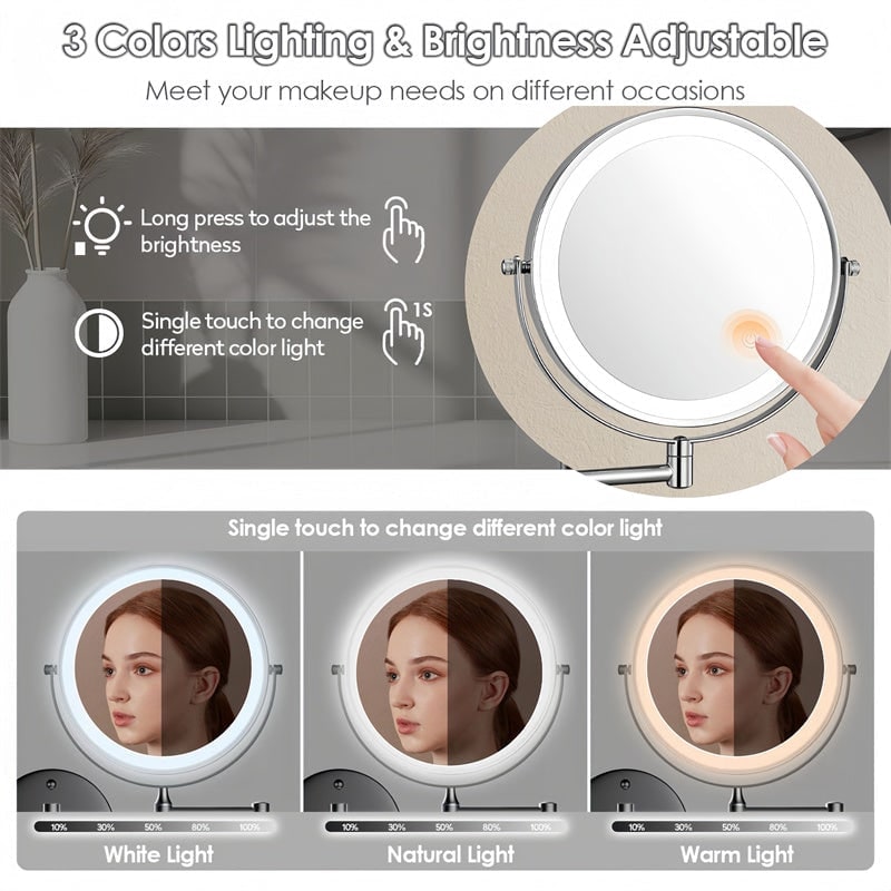 Lighted Makeup Mirror with LED Lights 10x Magnification and Wall-Mounted Swing Arm - Image 3