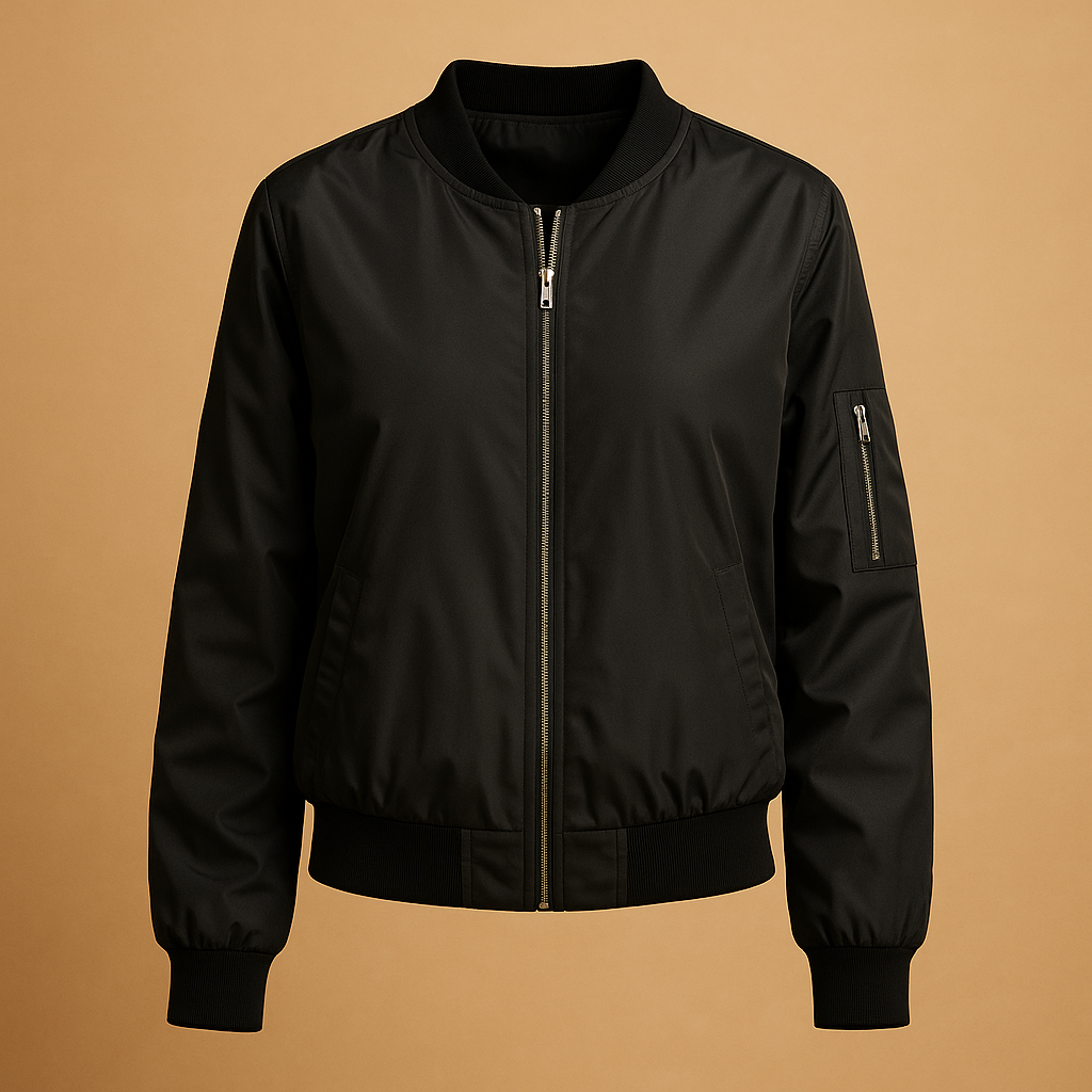 Lightweight bomber jacket for women with front zipper, breathable fabric, and side pockets, available in black, green, and red for summer wear.