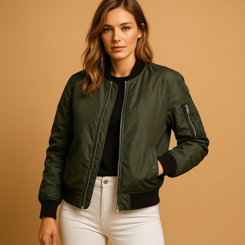 Lightweight bomber jacket for women with front zipper, breathable fabric, and side pockets, available in black, green, and red for summer wear.