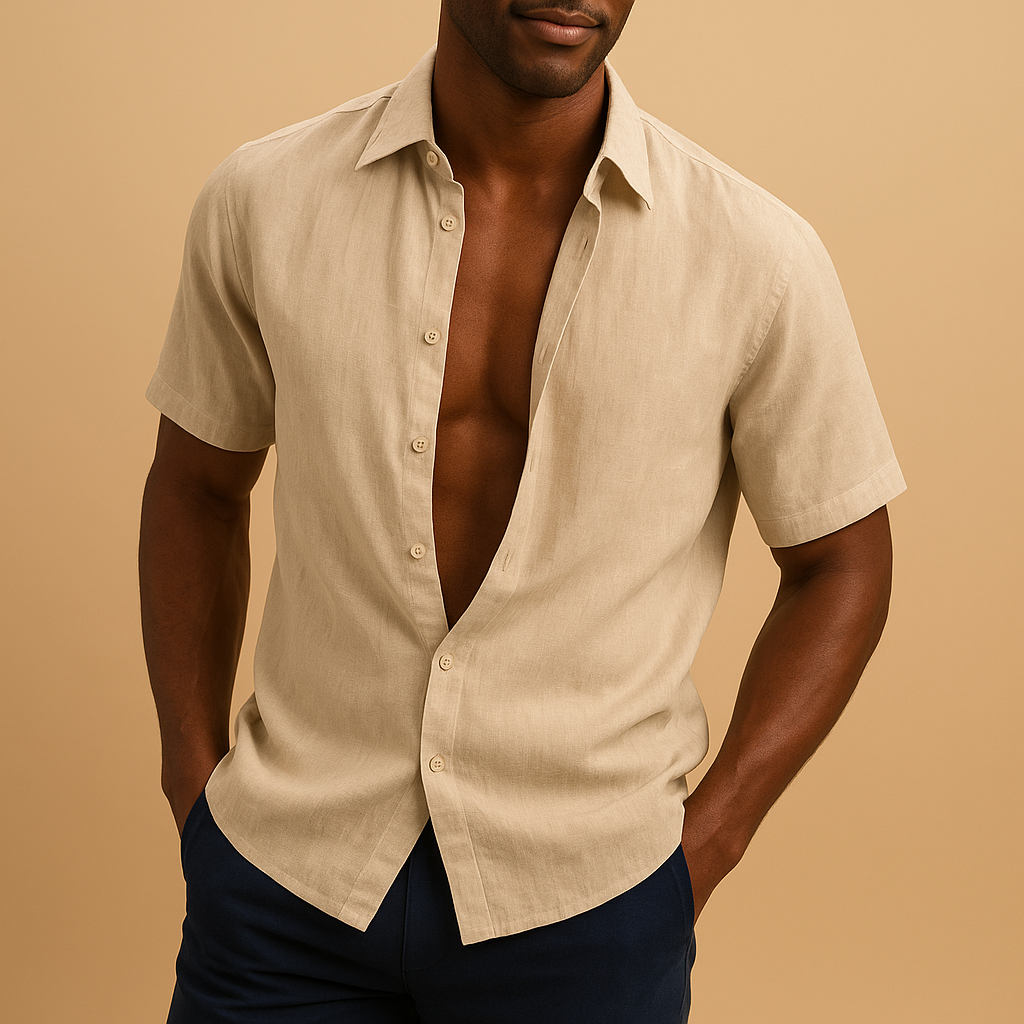 Lightweight breathable summer dress shirt for men with a comfortable airy fit, ideal for warm days, business wear, and casual outfits.