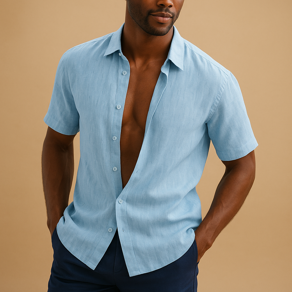 Lightweight breathable summer dress shirt for men with a comfortable airy fit, ideal for warm days, business wear, and casual outfits.