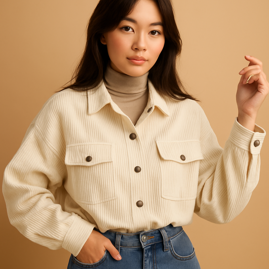 Women’s lightweight corduroy summer jacket with breathable fabric and minimalist design, ideal for warm days and versatile everyday styling.