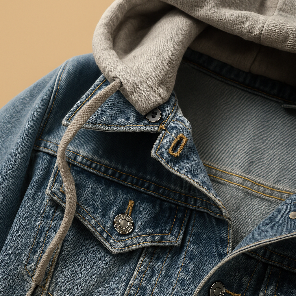 Women’s lightweight denim jacket with hood in a classic casual style, ideal for summer days, cool evenings, and versatile everyday outfits.