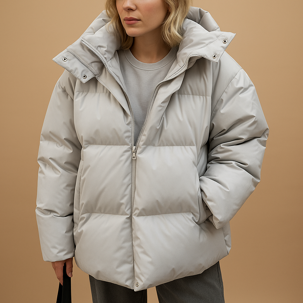 Woman wearing a lightweight padded hooded jacket with a flattering fit, water-repellent finish, and bomber-style design, ideal for casual winter outings.