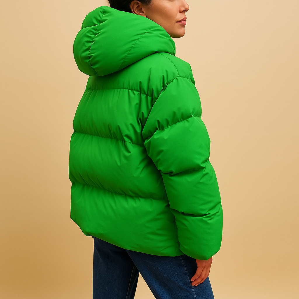 Woman wearing a lightweight padded hooded jacket with a flattering fit, water-repellent finish, and bomber-style design, ideal for casual winter outings.