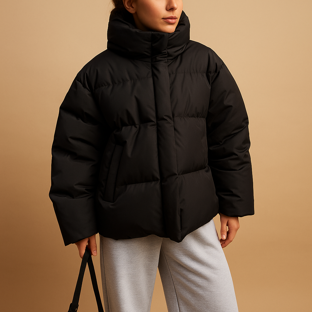 Woman wearing a lightweight padded hooded jacket with a flattering fit, water-repellent finish, and bomber-style design, ideal for casual winter outings.