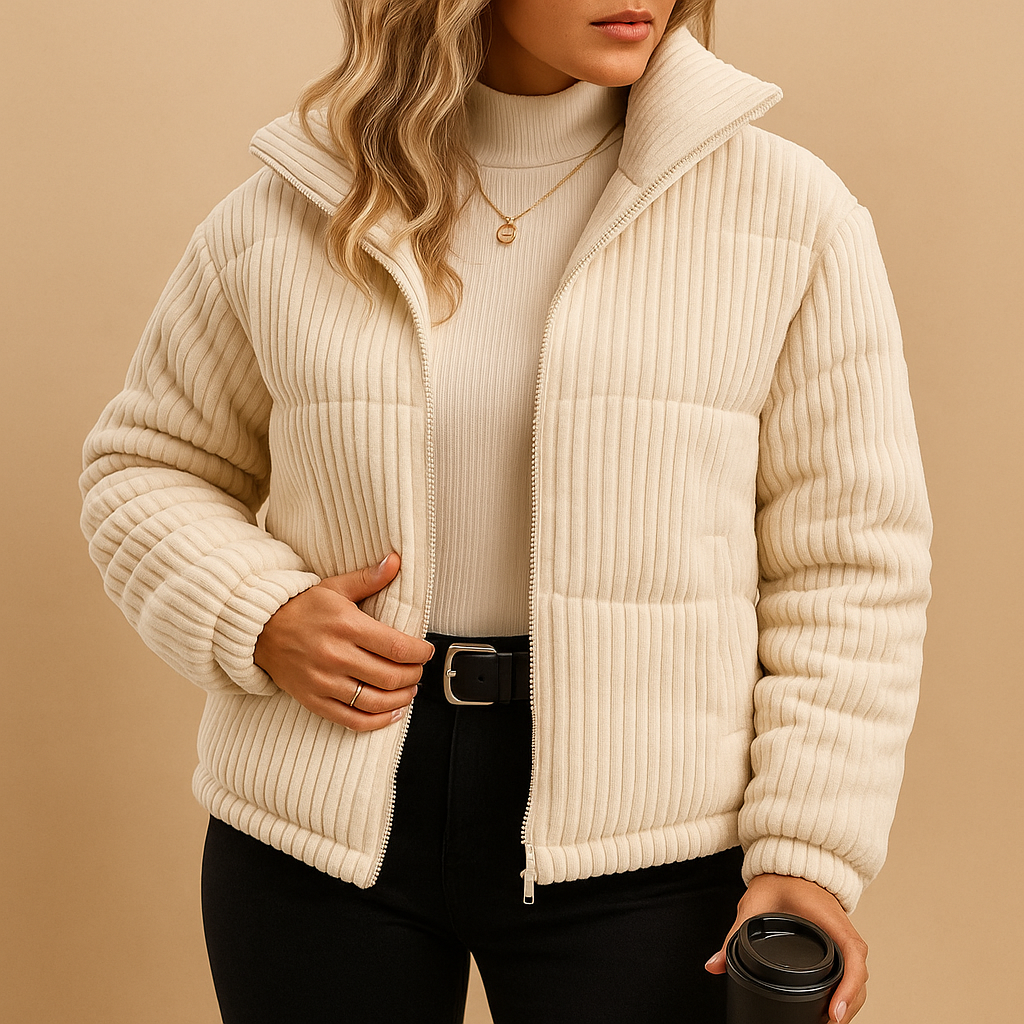 Woman wearing a lightweight puffer jacket with insulated fill, water-repellent exterior and tailored short fit, ideal for stylish winter comfort.