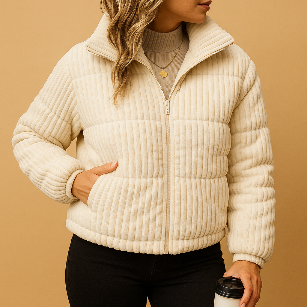 Woman wearing a lightweight puffer jacket with insulated fill, water-repellent exterior and tailored short fit, ideal for stylish winter comfort.