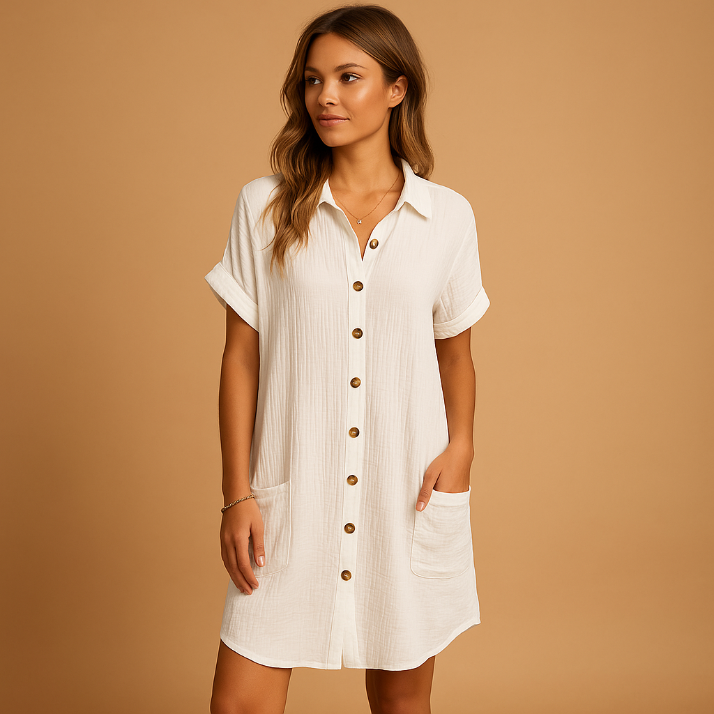 Lightweight shirt style midi dress for women with button front and relaxed fit, ideal for summer vacations and casual outings.