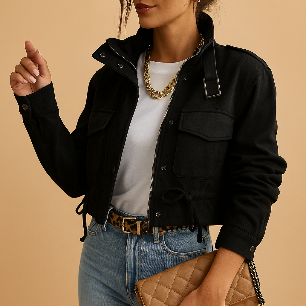 Woman wearing a lightweight summer jacket with a tailored fit and modern silhouette, ideal for warm weather and everyday outfits.