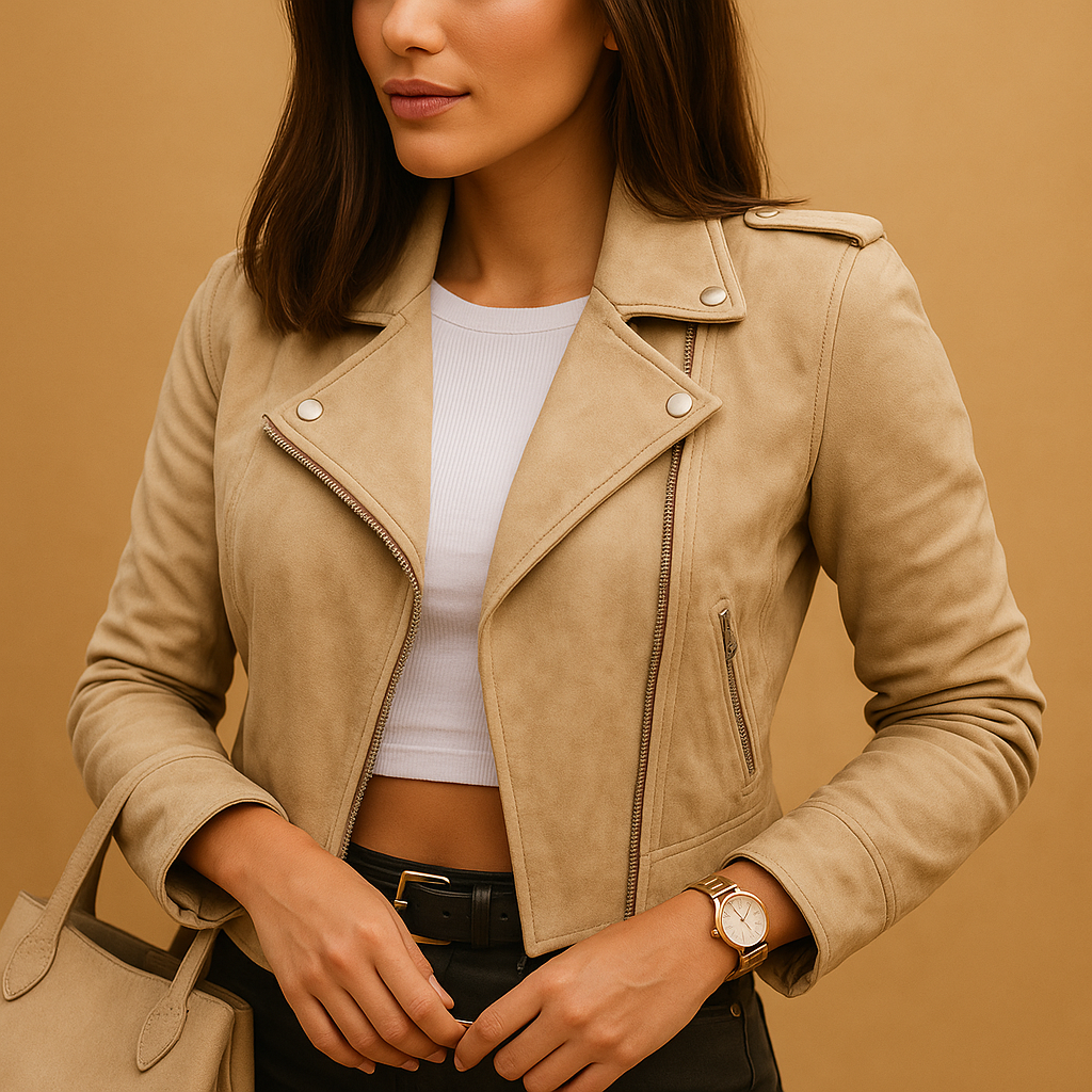 Woman wearing a lightweight tailored jacket with breathable fabric, zipper closure, and stand collar, suitable for daily wear and formal occasions.