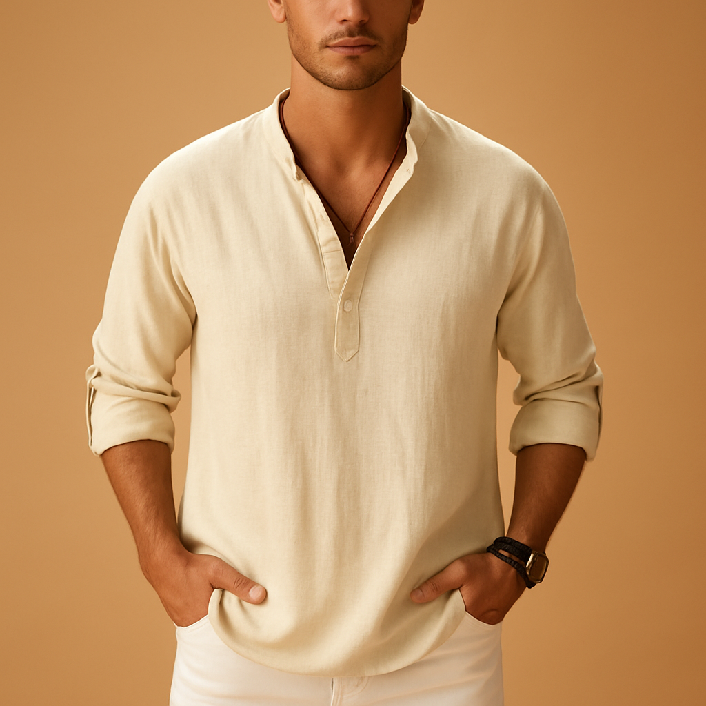 Lightweight V-neck long sleeve shirt for men with a breathable design and comfortable fit, ideal for summer outfits, work, and casual evenings.