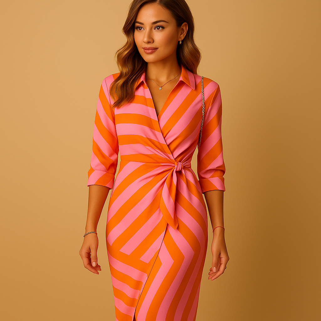 Women’s lightweight wrap dress with collar and adjustable tie waist, ideal for summer brunches, casual outings and semi-formal occasions.