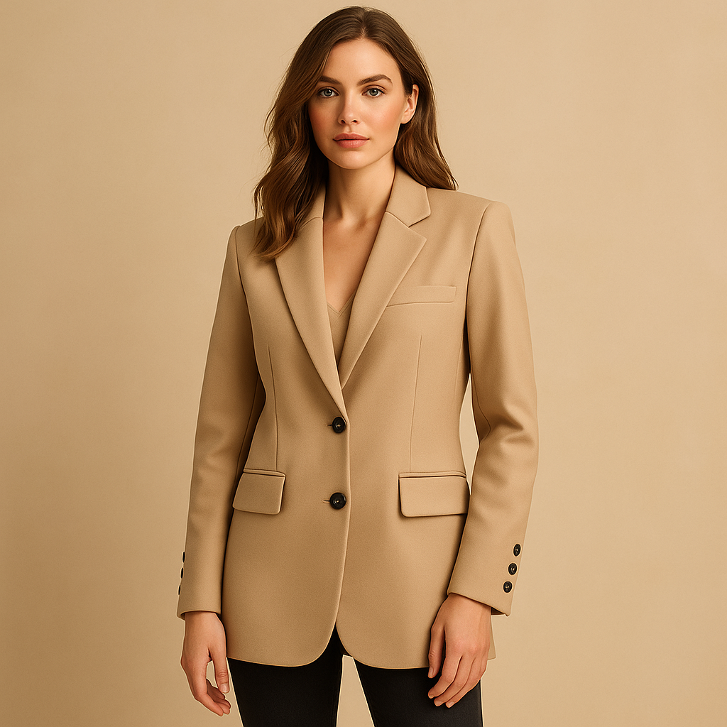 Long women’s blazer with a timeless silhouette and modern details in classic neutral tones, perfect for formal and casual outfits.