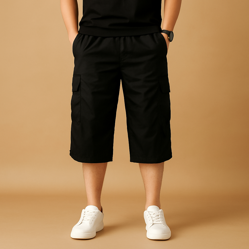 Men’s long cargo shorts with multiple pockets, ideal for outdoor activities, travel, and casual summer outfits.