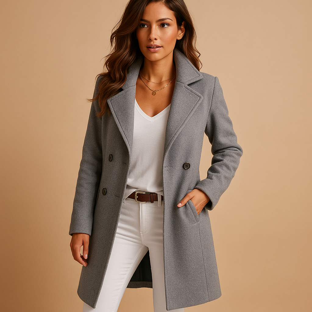 Woman wearing a long elegant buttoned coat with a classic collar, ideal for daily wear, formal outfits, and seasonal layering.