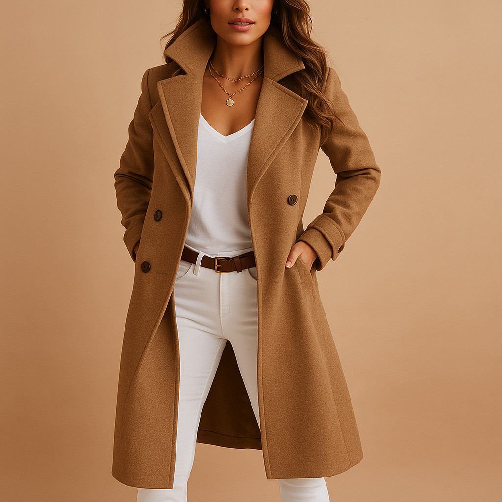 Woman wearing a long elegant buttoned coat with a classic collar, ideal for daily wear, formal outfits, and seasonal layering.