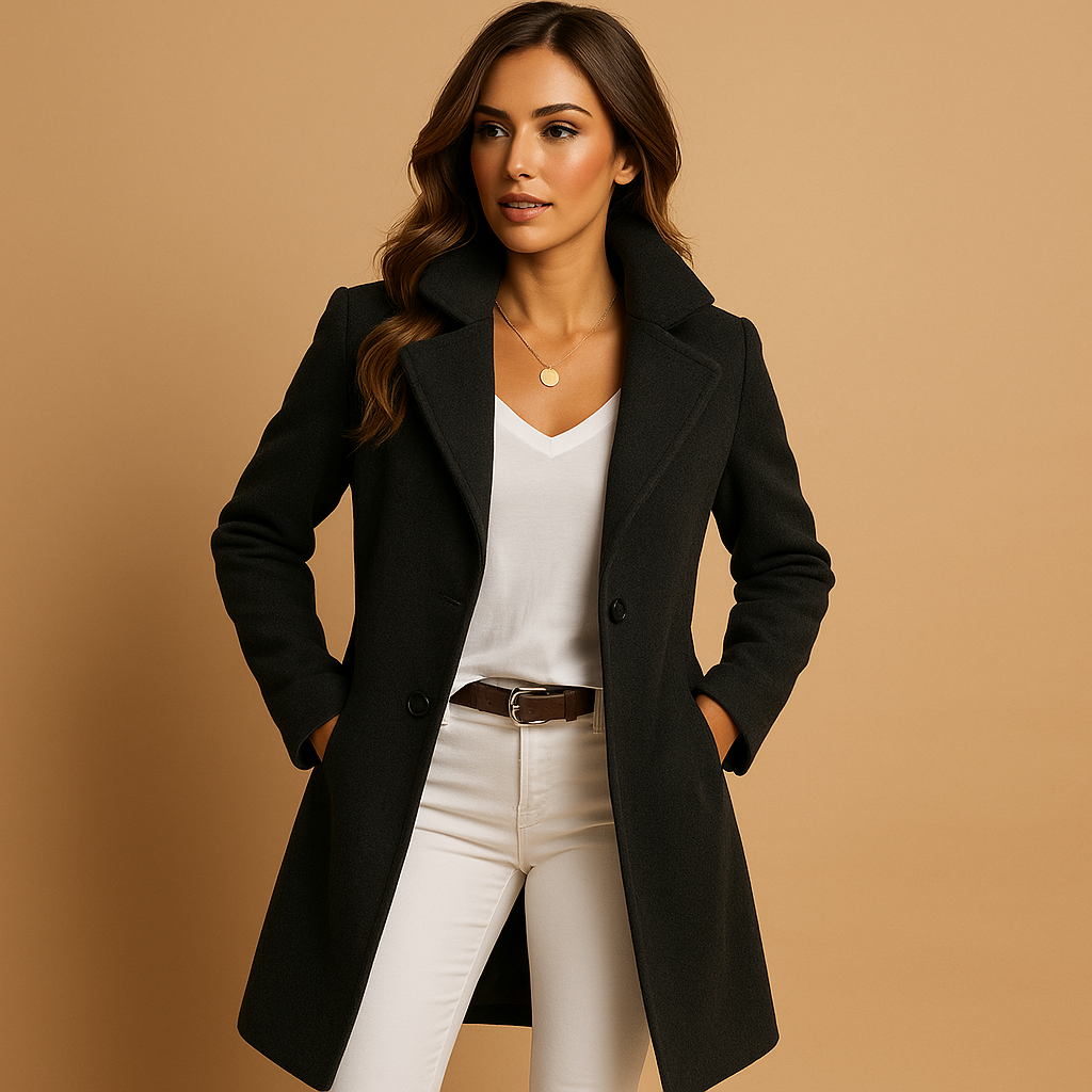 Woman wearing a long elegant buttoned coat with a classic collar, ideal for daily wear, formal outfits, and seasonal layering.