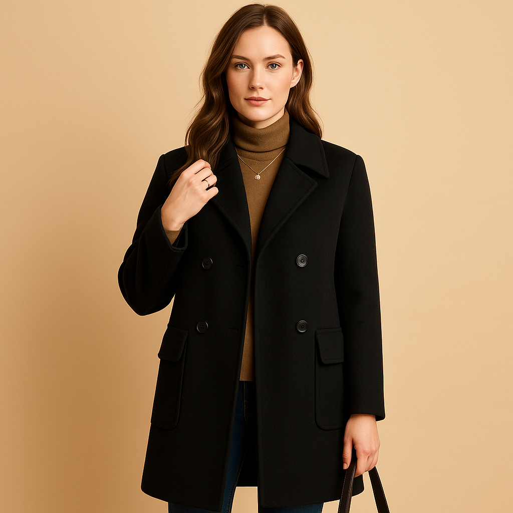 Woman wearing a long elegant coat with a relaxed feminine silhouette and minimalist design, suitable for multiple seasons.