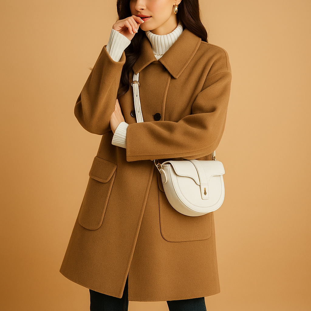 Woman wearing a long elegant coat with a relaxed feminine silhouette and minimalist design, suitable for multiple seasons.
