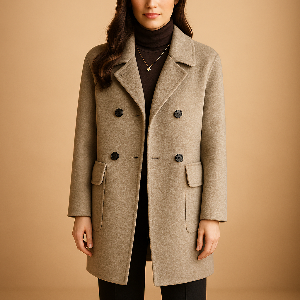 Woman wearing a long elegant coat with a relaxed feminine silhouette and minimalist design, suitable for multiple seasons.