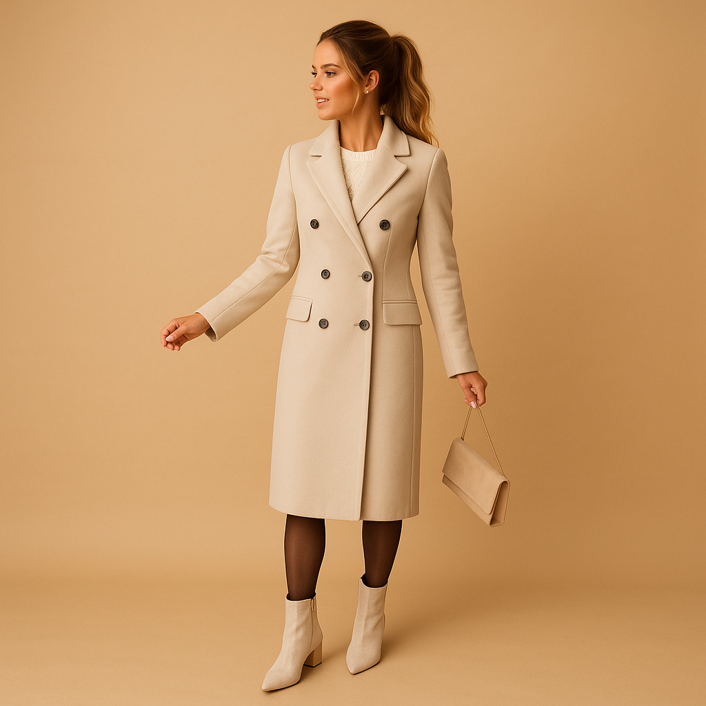 Women’s long winter coat with soft lining and a modern tailored silhouette, ideal for everyday wear and formal winter occasions.