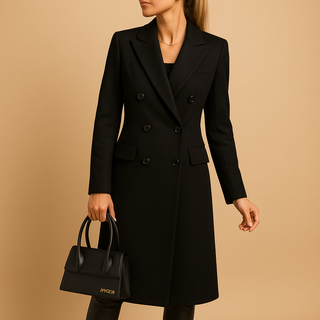 Women’s long winter coat with soft lining and a modern tailored silhouette, ideal for everyday wear and formal winter occasions.