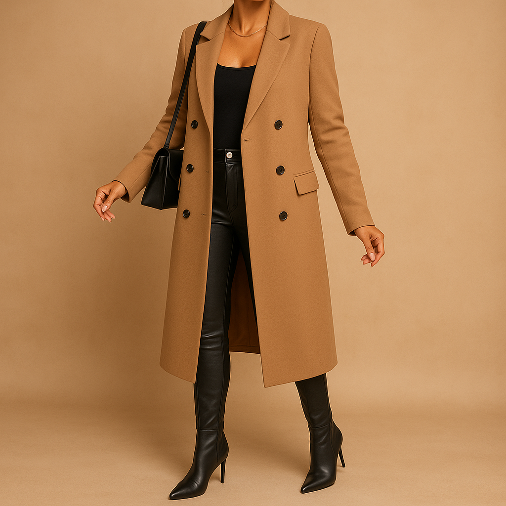 Women’s long winter coat with soft lining and a modern tailored silhouette, ideal for everyday wear and formal winter occasions.