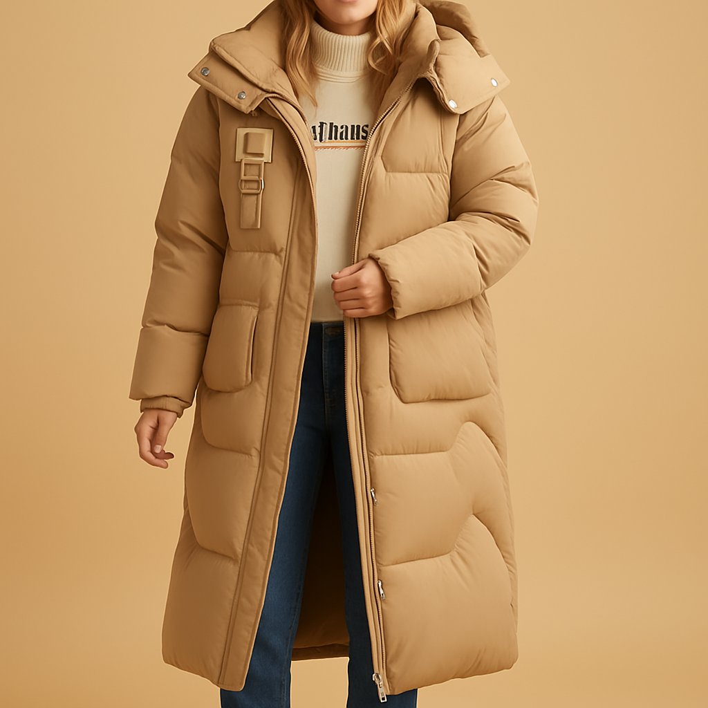 Woman wearing a long elegant winter coat with a tailored fit, warm lining, and side pockets, suitable for cold days, city walks, and daily outfits.