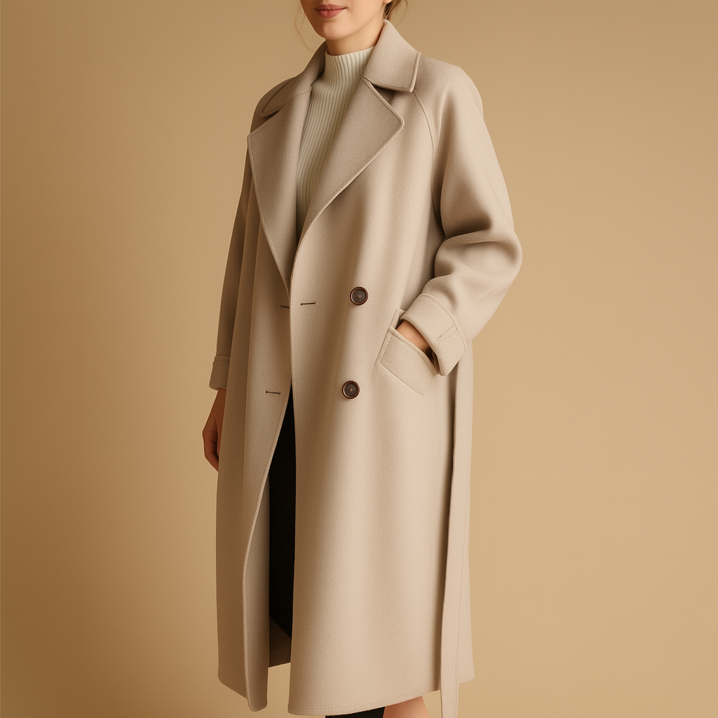 Woman wearing a long elegant winter coat with a tailored fit, ideal for formal occasions and warm daily winter outfits.