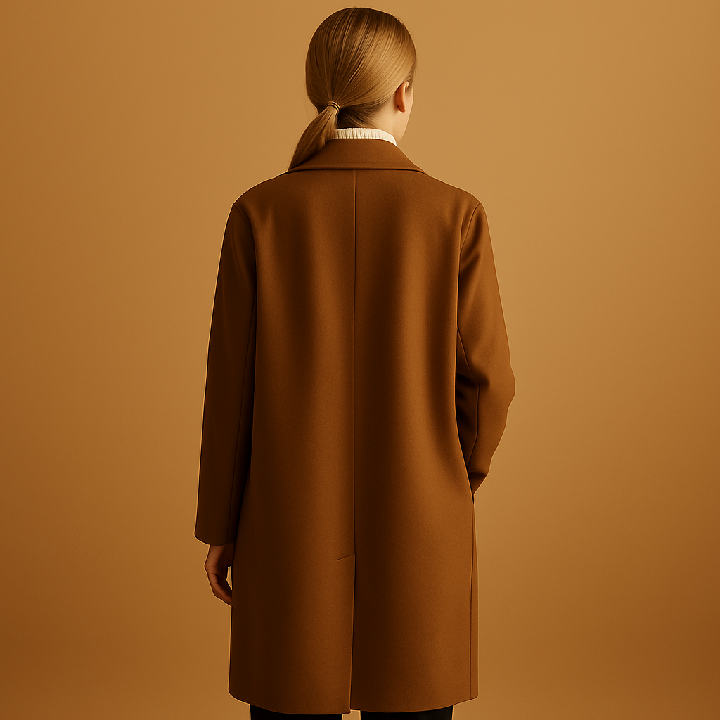 Woman wearing a long elegant winter coat with a tailored fit, ideal for formal occasions and warm daily winter outfits.