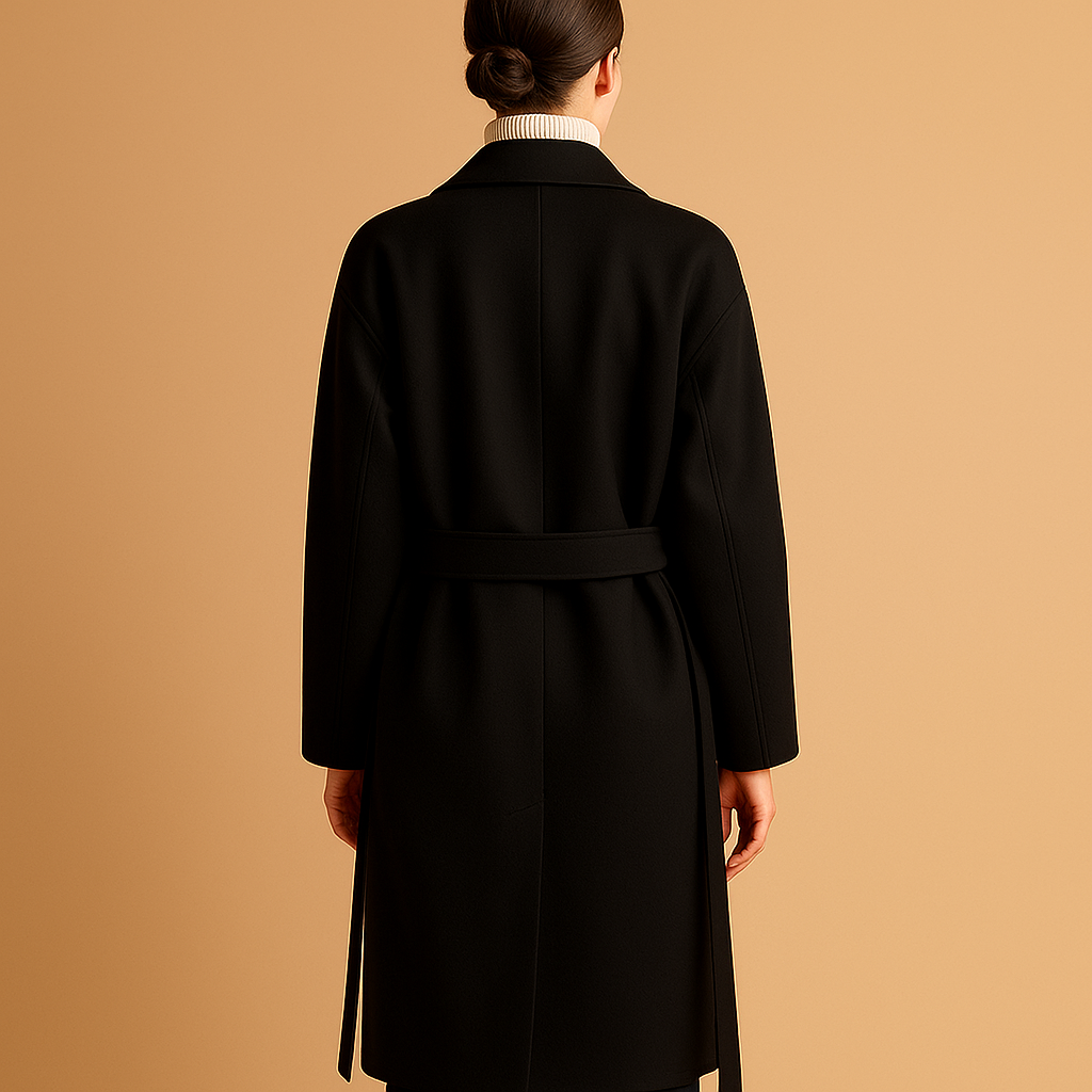Woman wearing a long elegant winter coat with a tailored fit, ideal for formal occasions and warm daily winter outfits.