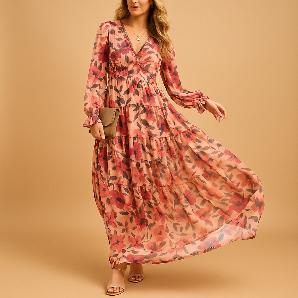 Long floral summer dress with V-neck for women in lightweight breathable fabric, ideal for beach days, casual outings, and summer parties.