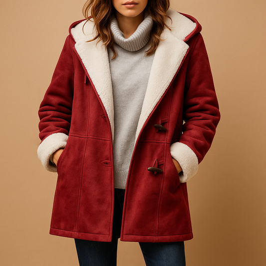 Women’s long hooded winter coat with insulating fabric and modern fit, ideal for cold-weather casual or dressed-up outfits.